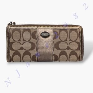 Coach Wallet Signature Monogram Bronze Tan Metallic Stripe Canvas & Leather Zip